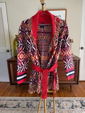 MOTHER Multicolor Geometric Fringe Belted Cardigan Sweater
